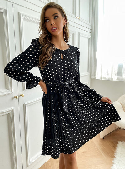 Sleeve Retro Polka-dot Round Neck Dress