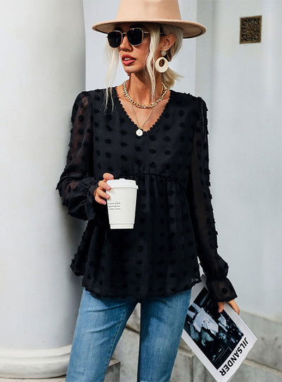 Perspective Gauze Long Sleeve Jacquard V-neck Shirt