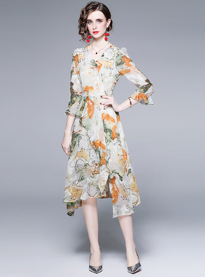 V-neck Chiffon Print Long Sleeve Dress