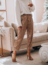 Lotus Leaf Sequins Drawstring High Waist Pants