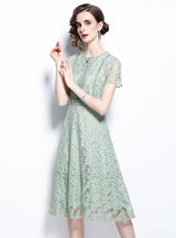 Green Round Neck Short Sleeve Openwork Lace Dress