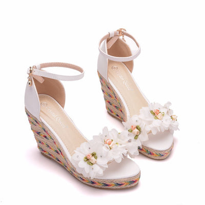 White Flower Fishmouth Wedge Sandals