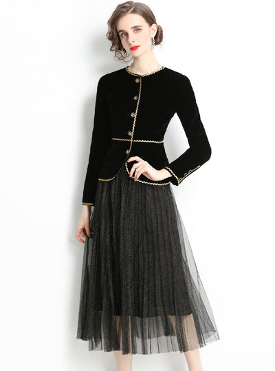 Retro Velvet Coat Gauze Skirt Two-piece Suit