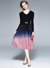 Slim Waist Gradient Pleated Long Sleeve Prom Dress