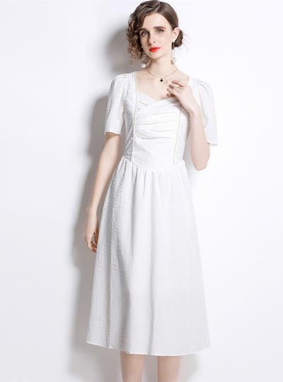 Retro French Pleated White Dress