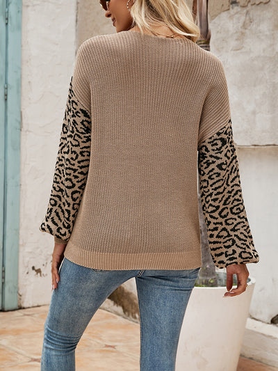 V-neck Stitching Leopard Pullover Sweater