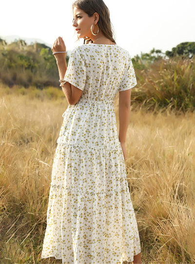 Boho Long Dress Ruffle Short-Sleeve V-neck Dress