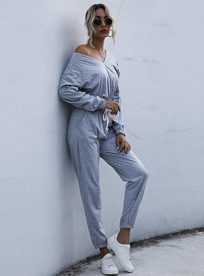 Gray Suit V-neck Long Sleeve Sport Suit