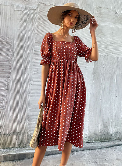 Retro Bubble Sleeve Polka Dot Square Collar Dress