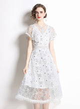 Women White Lace Sequins Retro Dress