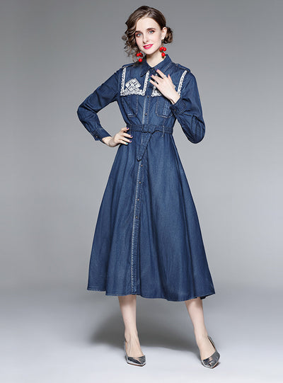 Embroidered Denim Slim Waist Dress