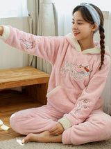 Pink Hooded Leopard Fur Pajamas Women Winter Flannel