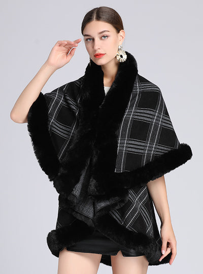 Fur Collar Plaid Shawl Cloak Large Size Knitted Coat