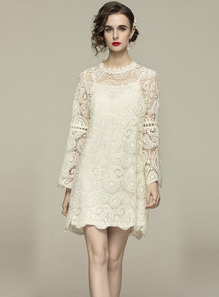 Women Lace Flared Sleeves Loose Dress