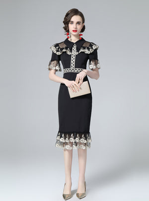 Waist Retro Trumpet Sleeve Lace Fishtail Dress