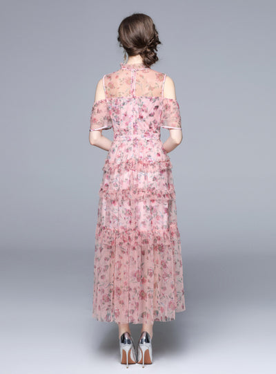 Short-sleeved Chiffon Floral Cake Dress