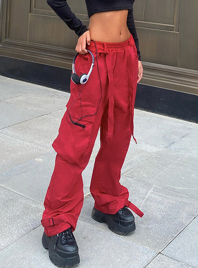 Red Overalls Casual Slim Straight Pants