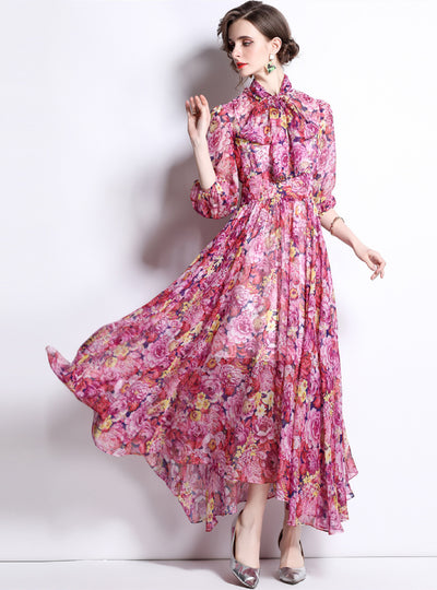 Long Sleeve Chiffon Printed Bow Tie Dress