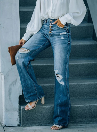 High Waist Single-breasted Straight Jeans