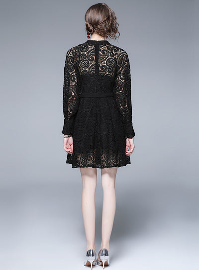 Black Lace Lantern Sleeve Short Dress