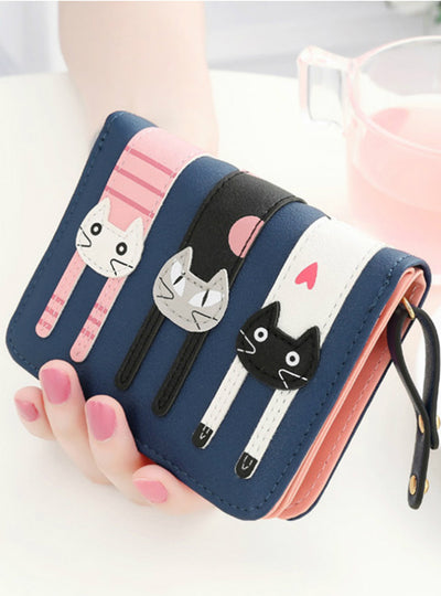 Women Cute PU Leather Hasp Cartoon Cat 