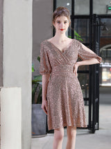 V-neck Long Sleeve Sequins Short Party Dress