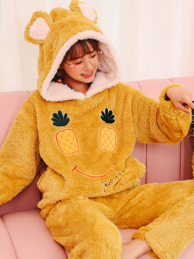 Yellow Pineapple Smiley Face Cute Flannel Home Service Suit