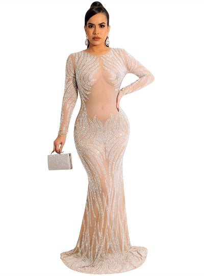 Sexy Hot Drilling Gauze Perspective Long Sleeve Dress