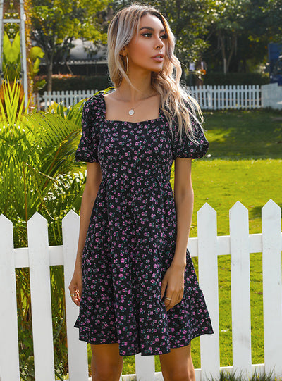 Floral Short-sleeved Square Collar Dress