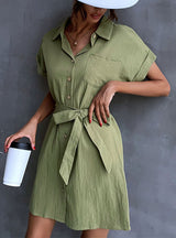 Green Lapel Short Sleeves Shirt Dress