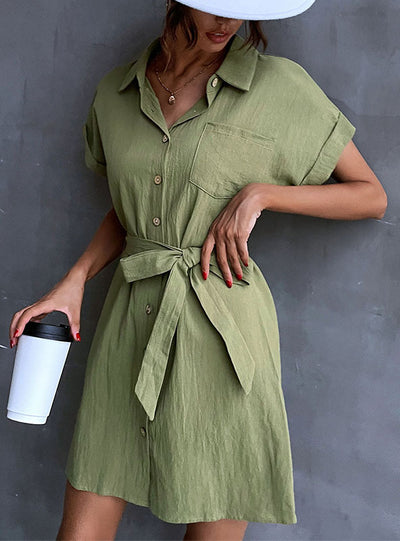 Green Lapel Short Sleeves Shirt Dress