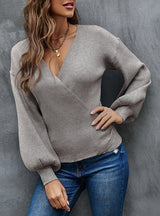 V-neck Lantern Sleeve Chest Sweater