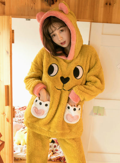 Yellow Bear Coral Velvet Pajamas Female Winter