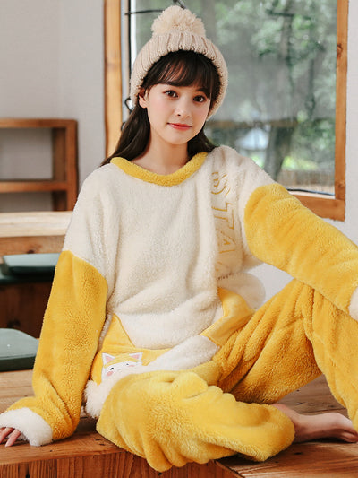 Yellow Star Cat Coral Velvet Pajamas Women Add Velvet