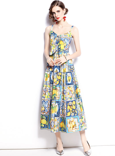 Lemon Printed Bow Slim Sling Dress