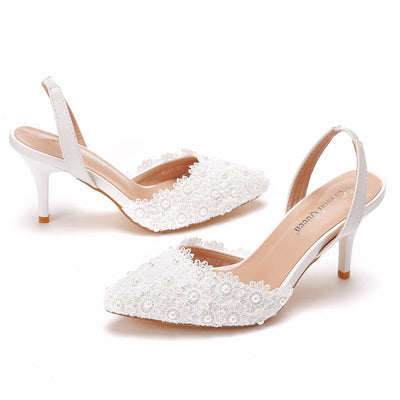 Shallow Pointed Sandal Lace Beaded Wedding Shoes