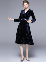 Suit Collar Long Sleeve Velvet Dress