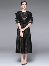 Round Neck Perspective Gauze Lotus Leaf Sleeve Pleated Dress