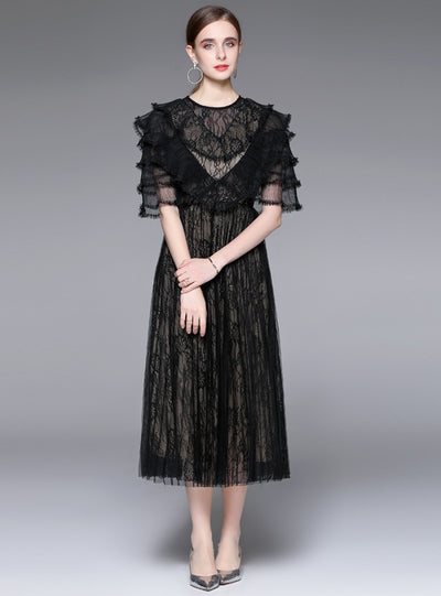 Round Neck Perspective Gauze Lotus Leaf Sleeve Pleated Dress