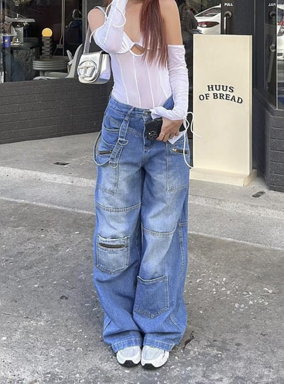 Low-waist Multi-pocket Wide-leg Jeans