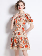 Print Bubble Sleeve Waist Slim Dress