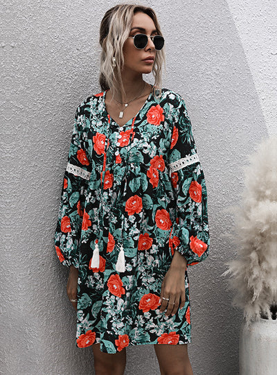 Pullover V-neck Printed Long Sleeve Dress