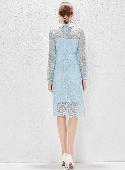 Blue Long Sleeve Heavy-duty Lace Dress