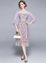 Lace Lantern Sleeve Gauze Embroidered Purple Dress