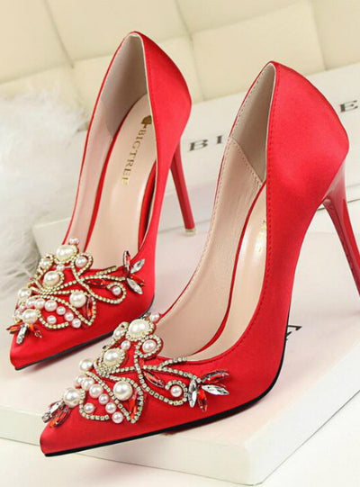 Rhinestone Crystal Shallow Fashion Faux Silk Satin Stiletto