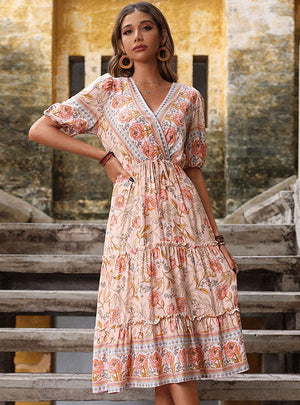 V-neck Medium Long Bohemian Dress