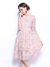 Round Neck Openwork Lace 3/4 Sleeves Dress