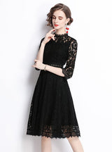 Black Hollow Lace 3/4 Sleeve Dress