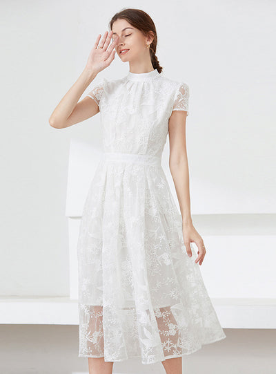 Lace Embroidered Short Sleeve High Neck Dress