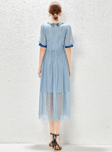 Retro Blue Bubble Sleeve Lace Embroidery Stitching Dress